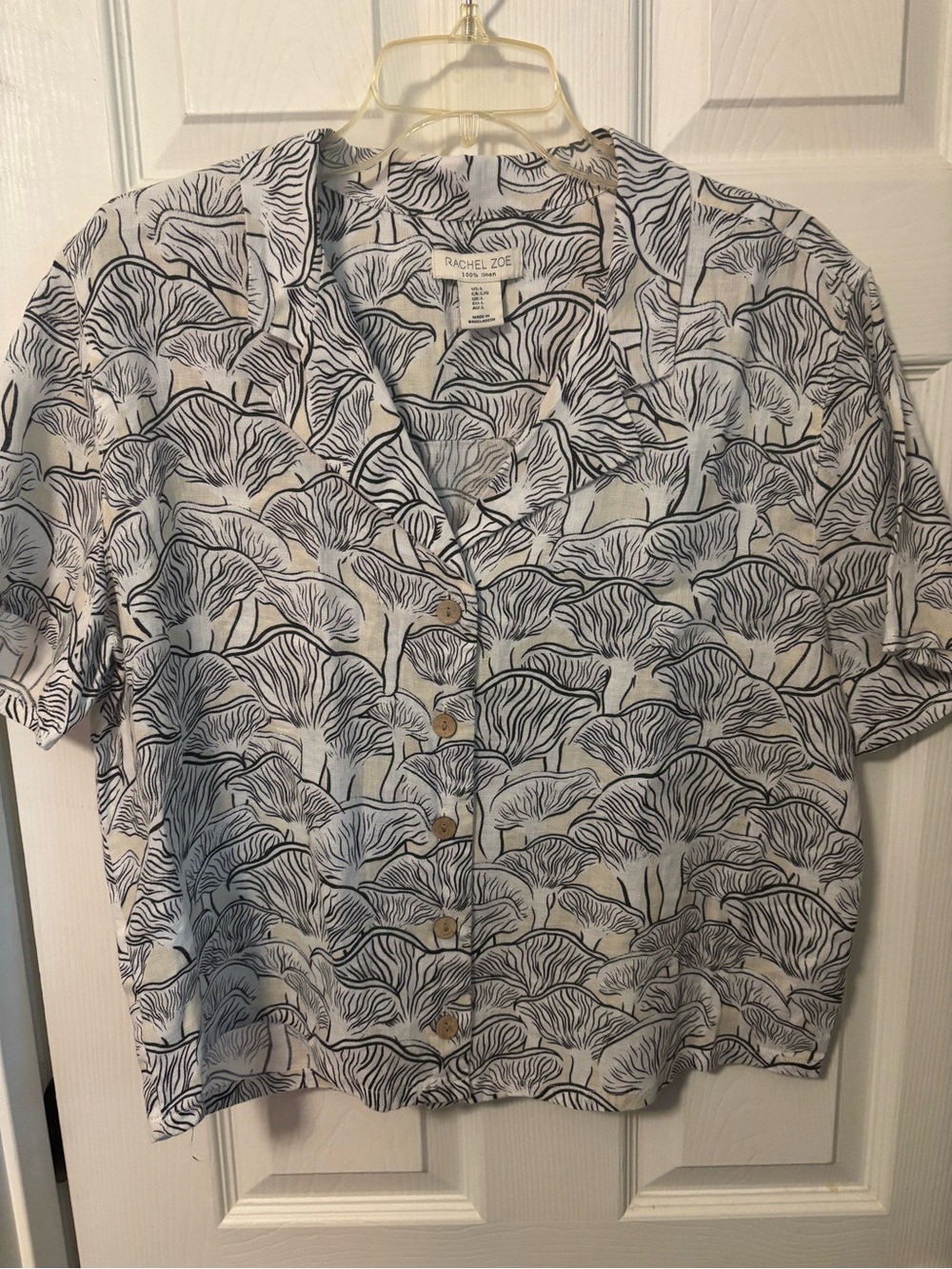 Rachel Zoe Black, Cream, and White Botanical Linen Button-Up Short Sleeve Shirt